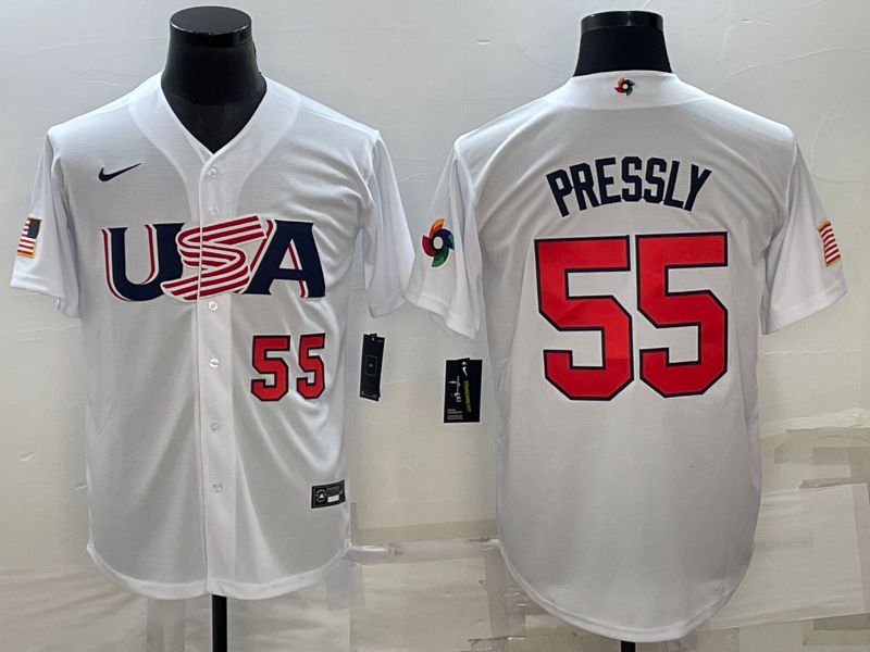 Men 2023 World Cub USA #55 Pressly White Nike MLB Jersey5